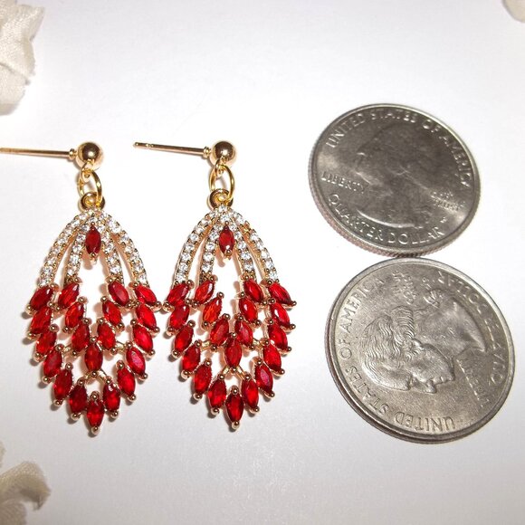 Faux Ruby and Diamond Earrings Gold Red White Sparkle Post Set Dangle Drop C897 - Picture 2 of 6